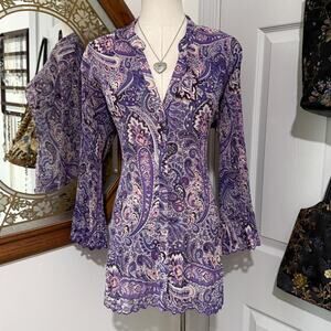 Y2K Belissimo Purple Pink & Multicolor Paisley Crinkle Mid Sleeve Button Up Top